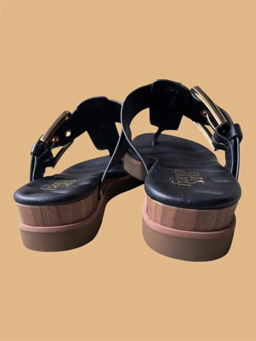 Franco Sarto Black Leather Slide Sandals with Gold Hardware Detail